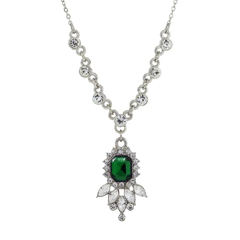 polished silver arc necklace-1928 Jewelry Green And Crystal Pendant Necklace 16" + 3" Extender