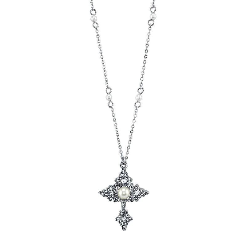 vintage-style sapphire necklace-1928 Jewelry Filigree Cross With Faux Pearl Crystal Accent Pendant Necklace 16" + 3" Extender