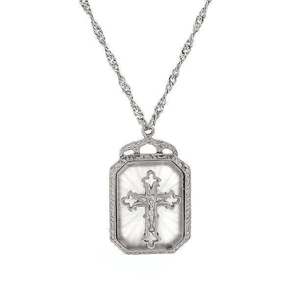 vintage-inspired sunstone necklace-Symbols Of Faith Frosted Stone With Crystal Cross Large Pendant Necklace 28"