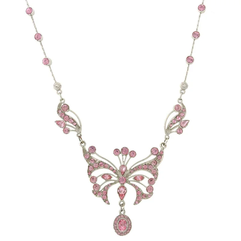 polished rose tier necklace-1928 Jewelry Silver With Pink Austrian Crystal Butterfly Pendant Necklace 15" + 3" Extender In Box