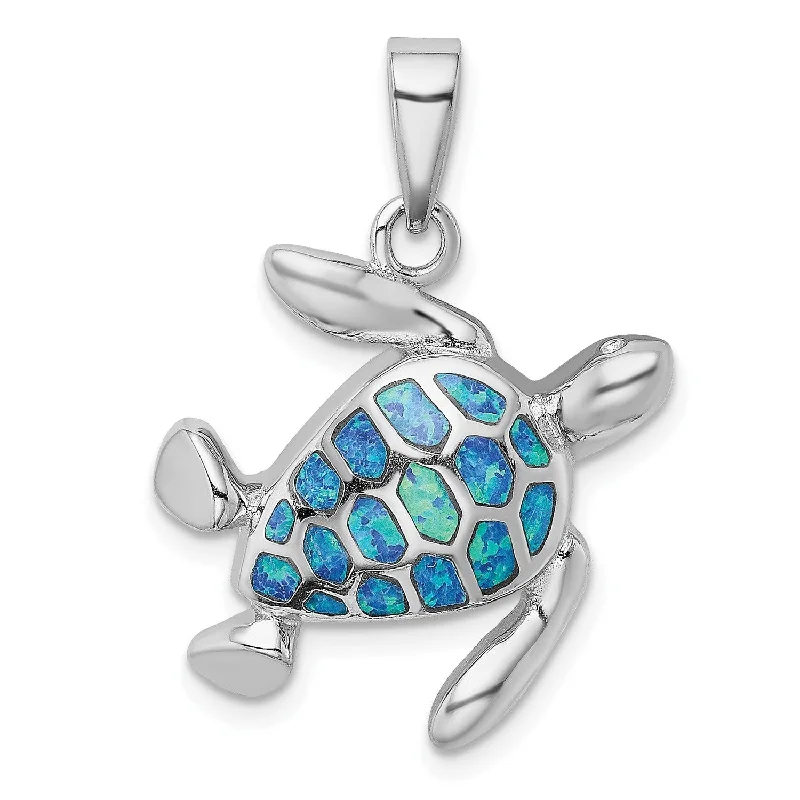 floral inset diamond necklace-Sterling Silver Created Opal Inlay Turtle Pendant. Chain Not Included