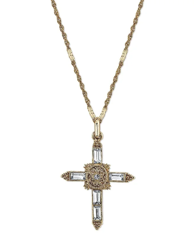 boho-inspired aventurine necklace-Symbols Of Faith Baguette Cut Crystal Ornate Cross Pendant Necklace 18"