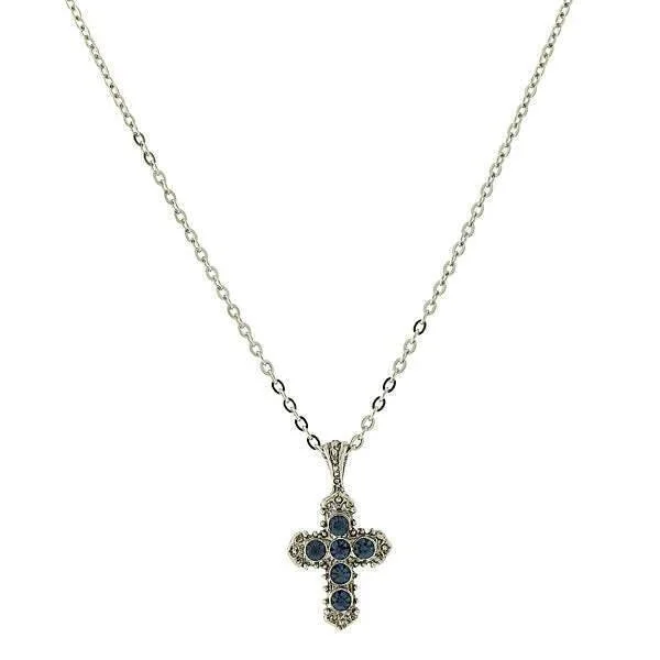 art deco carnelian necklace-Symbols Of Faith Blue Crystal Cross Pendant Necklace 16" + 3" Extender