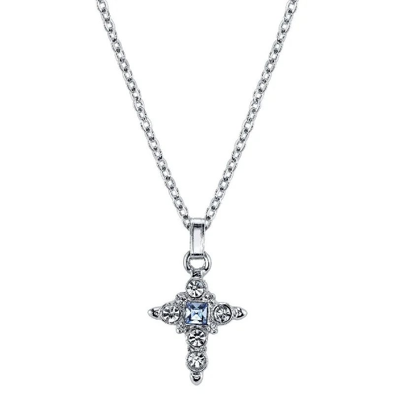 vintage-inspired opal necklace-Symbols Of Faith Light Blue Crystal Cross Pendant Necklace 16" + 3" Extender