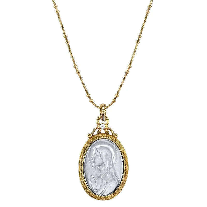 artisan-crafted rose necklace-Symbols Of Faith Two Tone Virgin Mary Medallion With Crystal Accent Pendant Necklace 20"