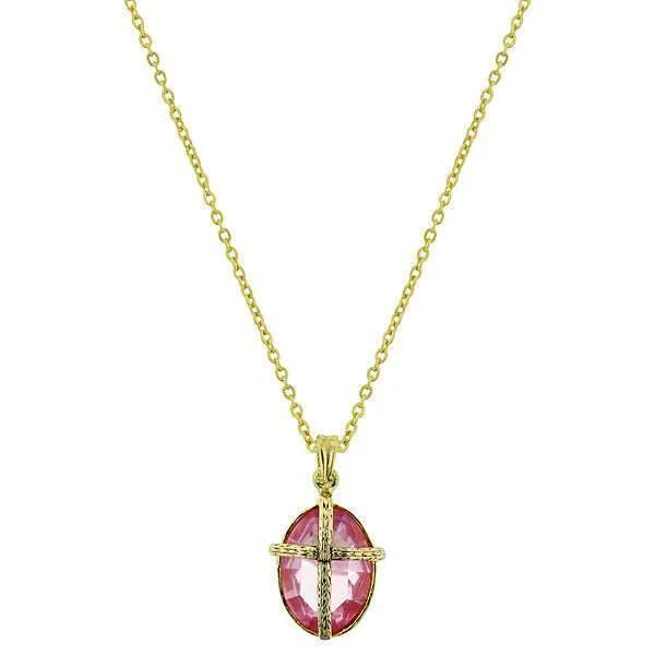 bohemian crest peak necklace-Symbols Of Faith Light Pink Oval Stone Cross Pendant Necklace 16" + 3" Extender