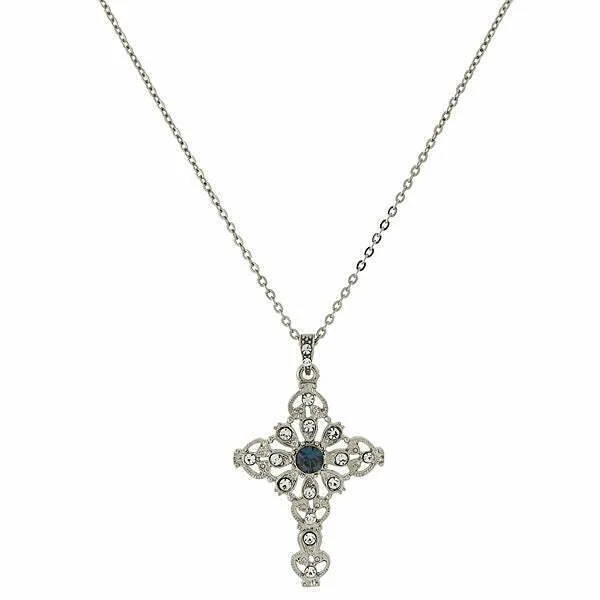 nature-themed cedar necklace-Symbols Of Faith Blue And Crystal Cross Pendant Necklace 16" + 3" Extender