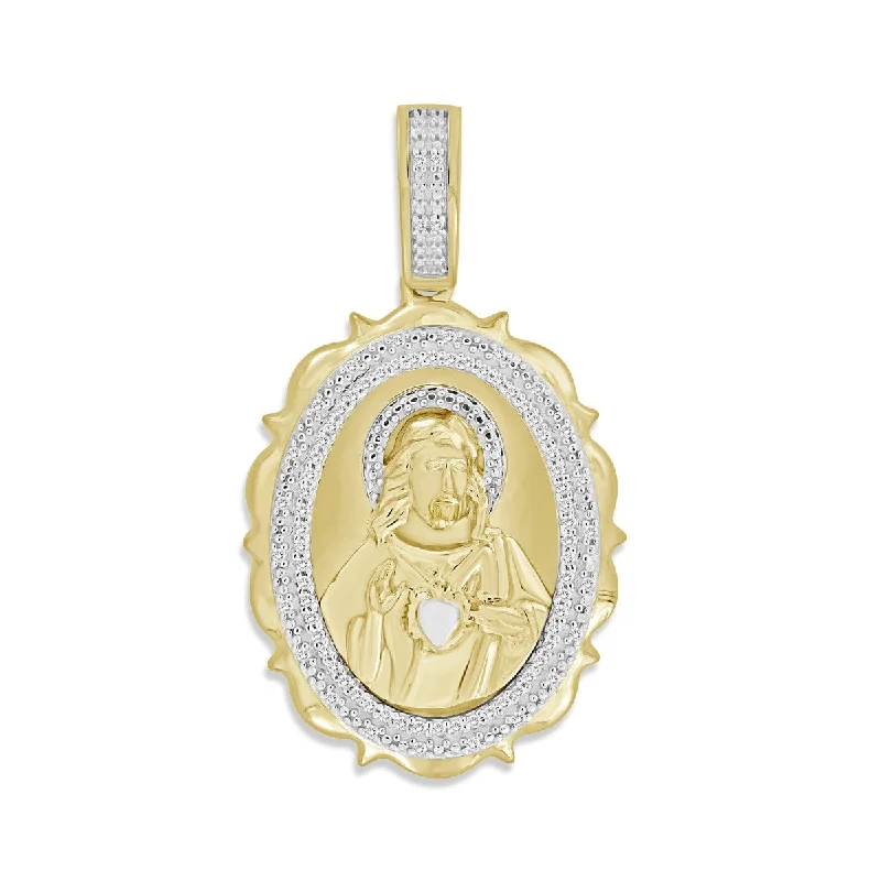 floral-inspired carnelian necklace-Titán by Adrian Gonzalez 10KT Yellow Gold 1/16 CTW 35X20MM Jesus Medallion Pendant. Chain Not Included