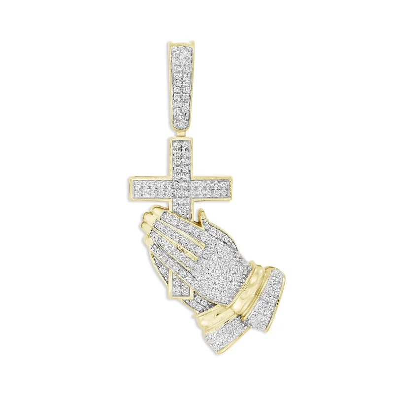 bohemian apex peak necklace-Titán by Adrian Gonzalez 10KT Yellow Gold 1/3 CTW Diamond 43X22MM Praying Hands Pendant. Chain Not Included