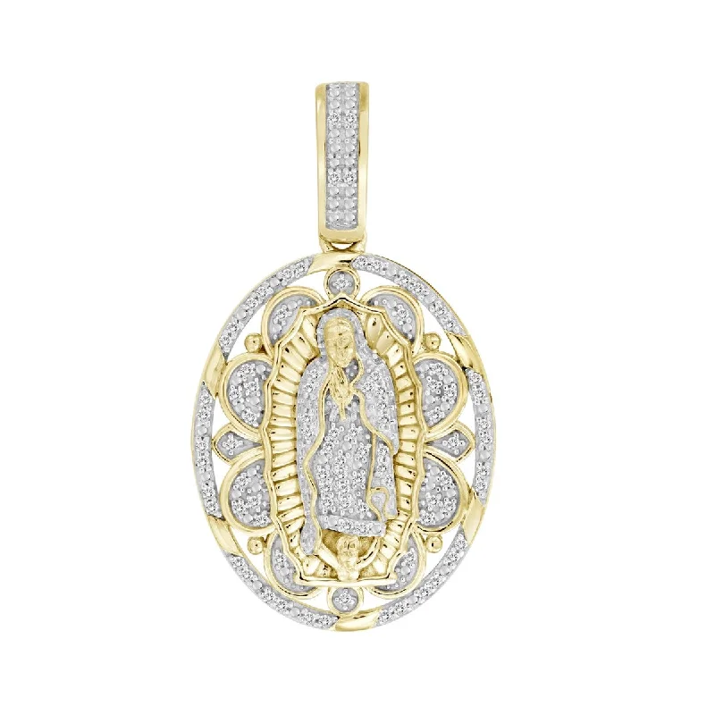 boho-inspired agate necklace-Titán by Adrian Gonzalez 10KT Yellow Gold 1/6 CTW Diamond 32X17MM Guadalupe Medallion Pendant. Chain Not Included