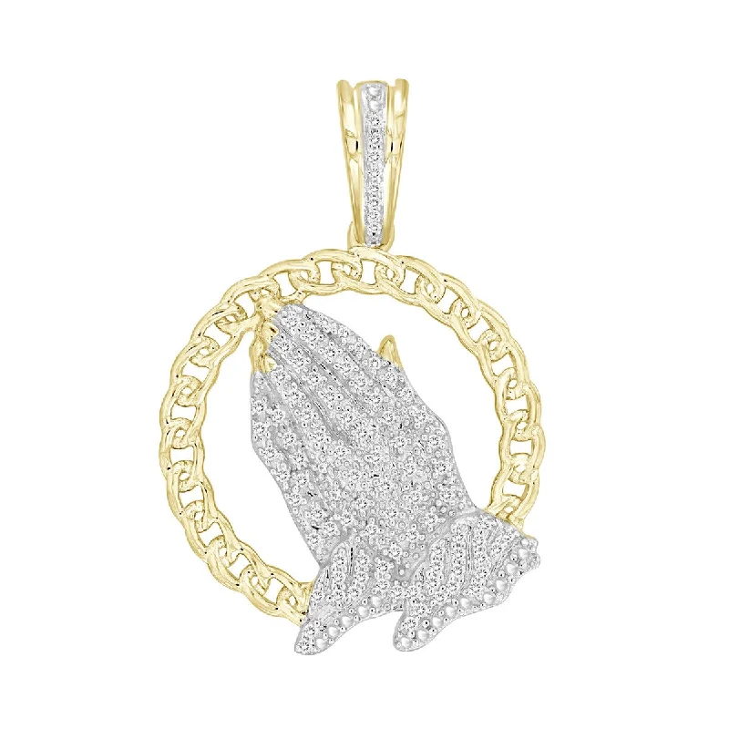 artisan-crafted silver necklace-Titán by Adrian Gonzalez 10KT Yellow Gold 1/6 CTW Diamond 32X21MM Praying Hand Pendant. Chain Not Included