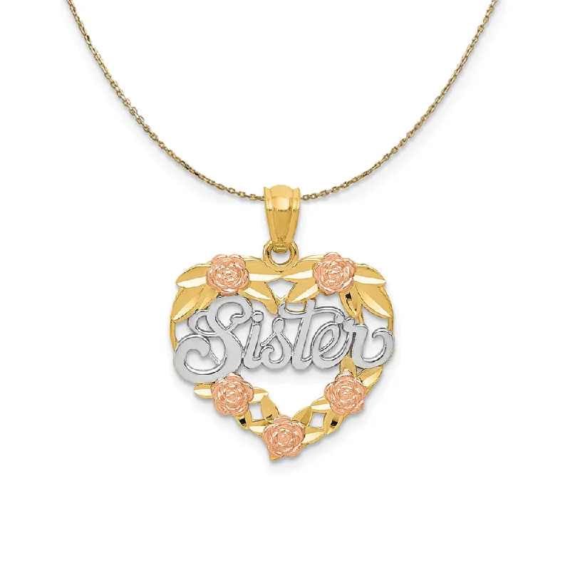 14k Two Tone Gold and Rhodium Sister Heart Necklace