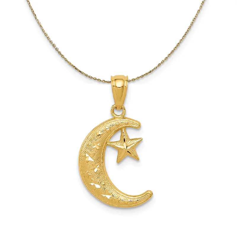 14k Yellow Gold Crescent Moon and Stars (22mm) Necklace