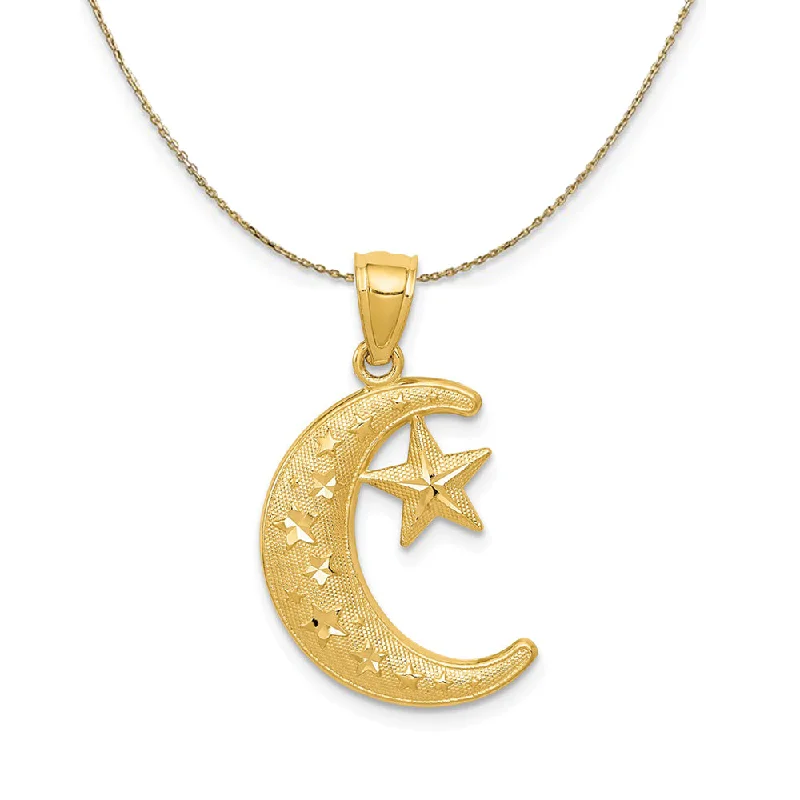 adjustable cedar crest necklace-14k Yellow Gold Crescent Moon and Stars (28mm) Necklace