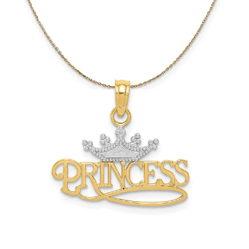 14k Yellow Gold & Rhodium Crown Princess Script Necklace