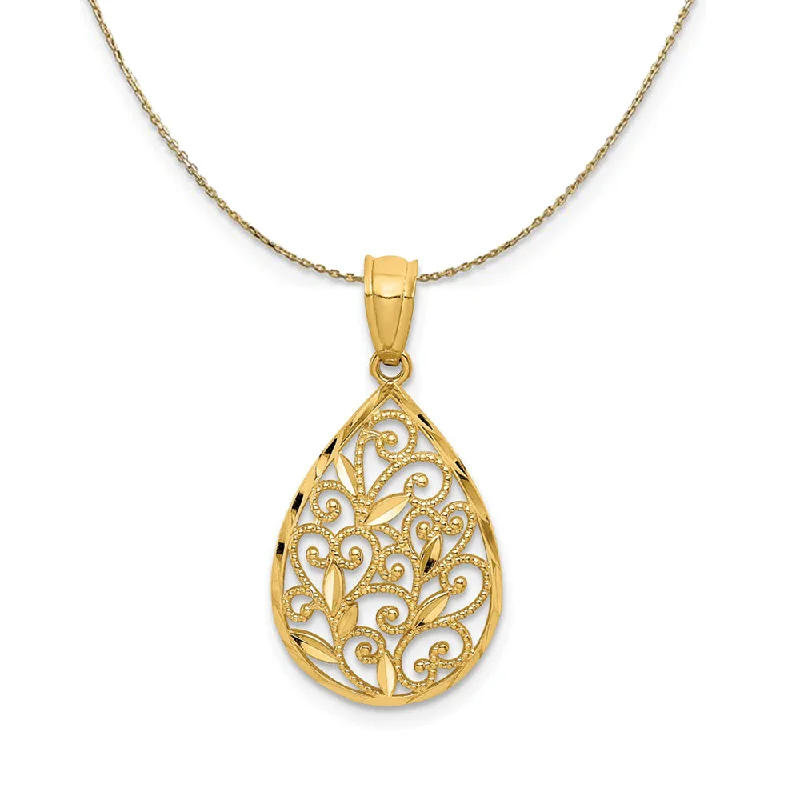 14k Yellow Gold Small Filigree Teardrop Necklace