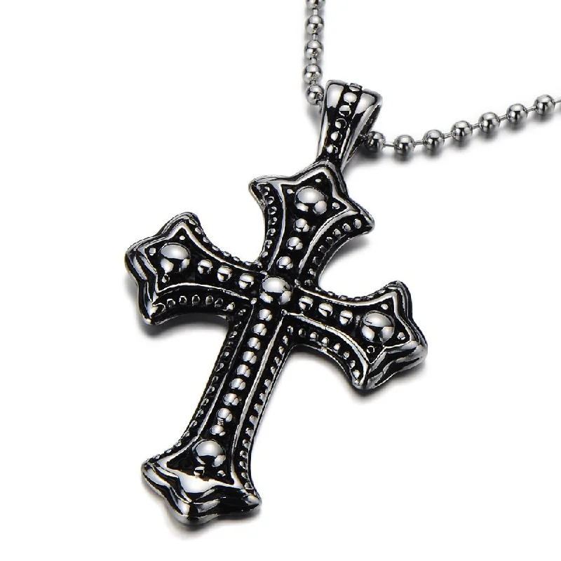 Gothic Vintage Cross Pendant Necklace Stainless Steel Unisex Silver Black Two-Tone 23.6 in Ball Chain