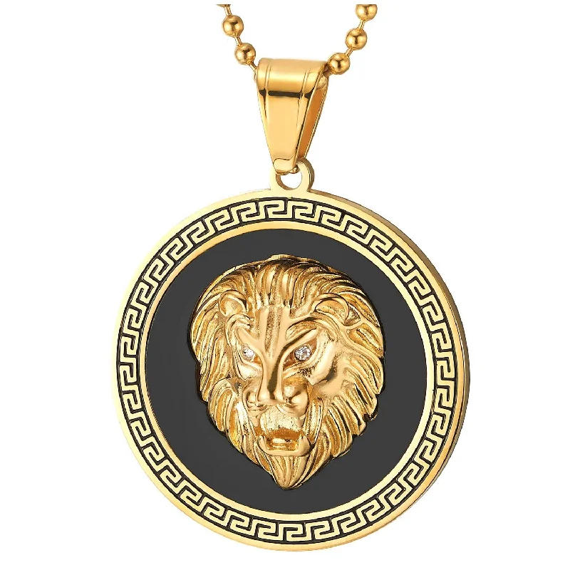 bold topaz peak ridge necklace-Men Steel Lion Head Circle Medal Pendant Necklace with CZ, Black Onyx, Greek Key, Silver Black