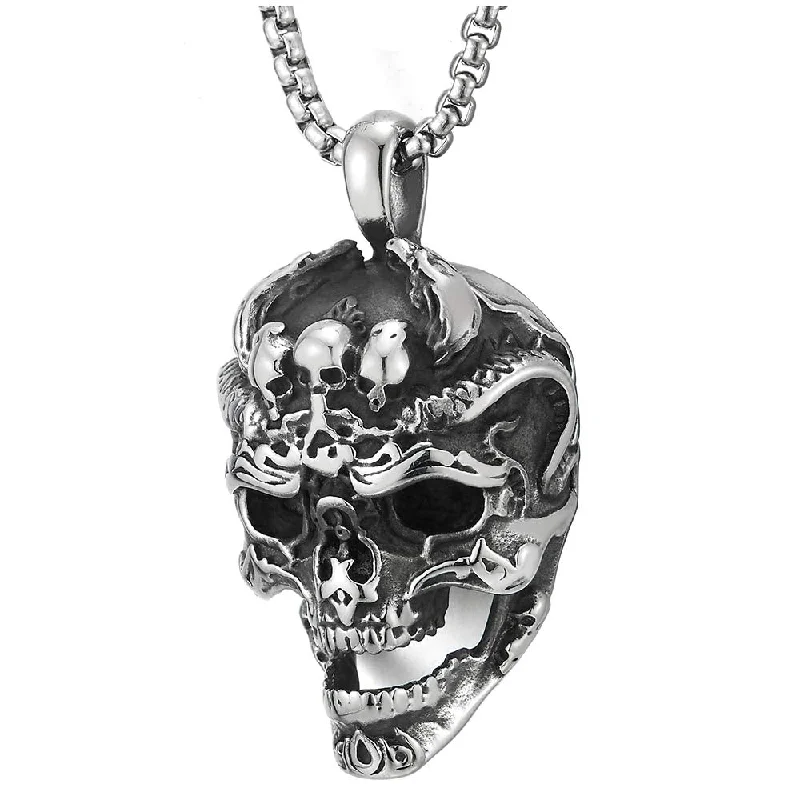 vintage-style carnelian necklace-Mens Stainless Steel Large Vintage Skull Pendant Necklace with 30 inches Wheat Chain, Gothic Biker