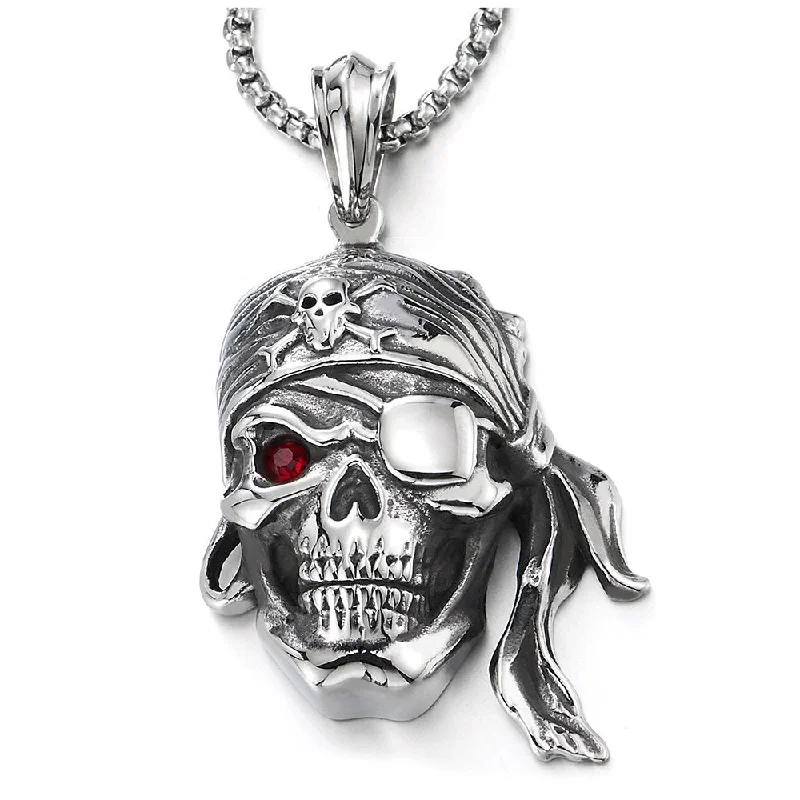 Mens Steel Viking Pirate Skull Pendant Necklace with Red Cubic Zirconia and 30 inches Wheat Chain