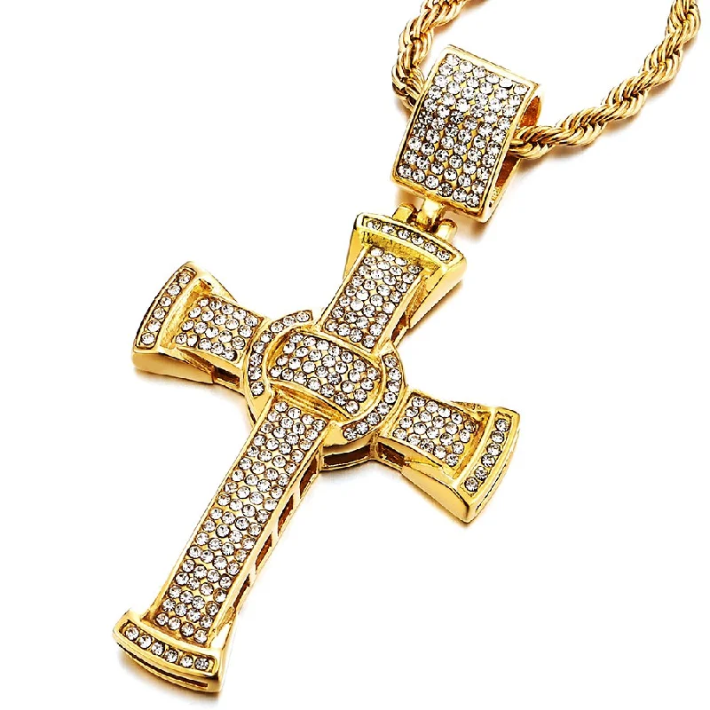 Mens Women Large Steel Cross Pendant Necklace with Cubic Zirconia and Rope Chain