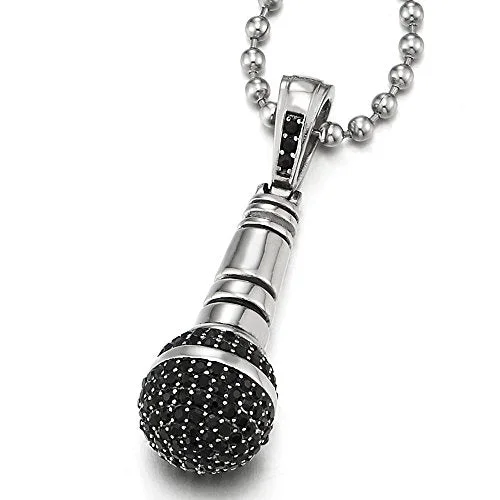 radiant-cut topaz necklace-COOLSTEELANDBEYOND Mens Women Steel Microphone Pendant Necklace with Black Cubic Zirconia, 23.6 inches Ball Chain