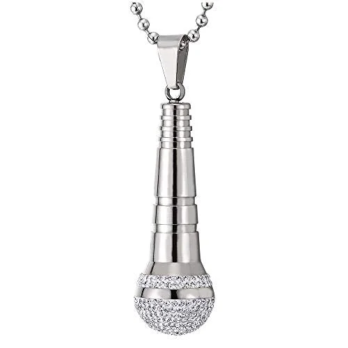 Mens Women Steel Microphone Pendant Necklace with Cubic Zirconia, Silver White, 30 inches Ball Chain