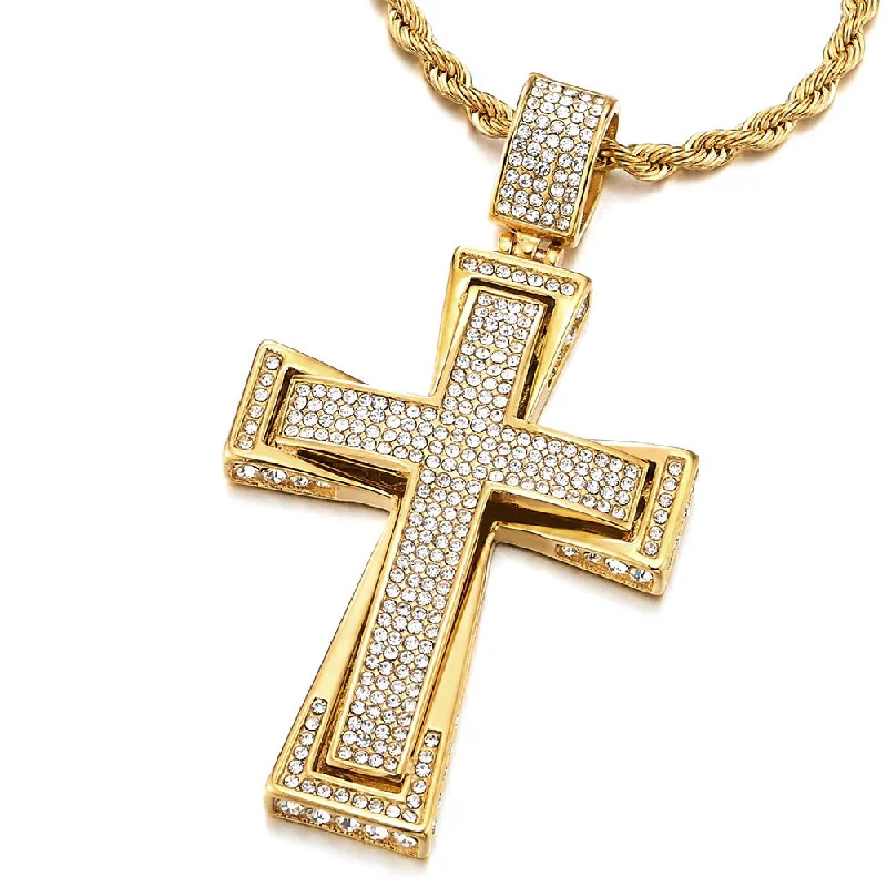 Mens Womens Large Steel Cross Pendant Necklace with Cubic Zirconia and Wheat Chain