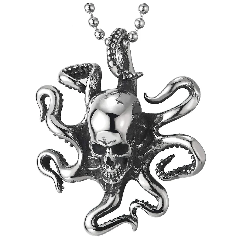 Stainless Steel Mens Womens Vintage Octopus Skull Pendant Necklace with 30 inches Ball Chain