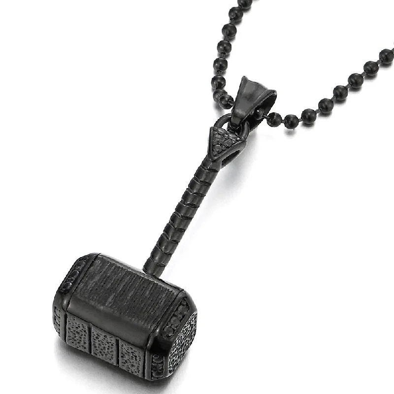 modern contoured chain necklace-Thor's Hammer Necklace With Steel Ball Chain In Silver, Black, Or Gold