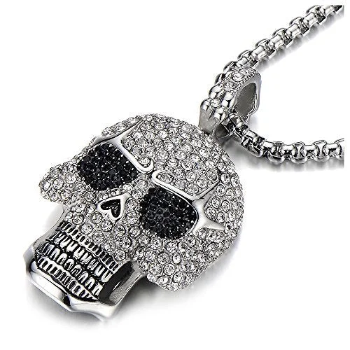 inscribed unity pendant necklace-Steel Large Sugar Skull Pendant Necklace for Men Women with Cubic Zirconia and Wheat Chain