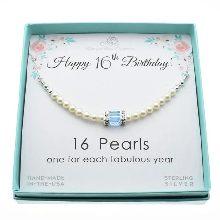 16th Birthday Crystal Pearl and Birthstone Necklace in Sterling Silver