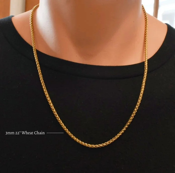 artisan-crafted silver necklace-Men’s 3 mm Thick Gold Stainless Steel Wheat Chain Necklace. Men’s Jewelry