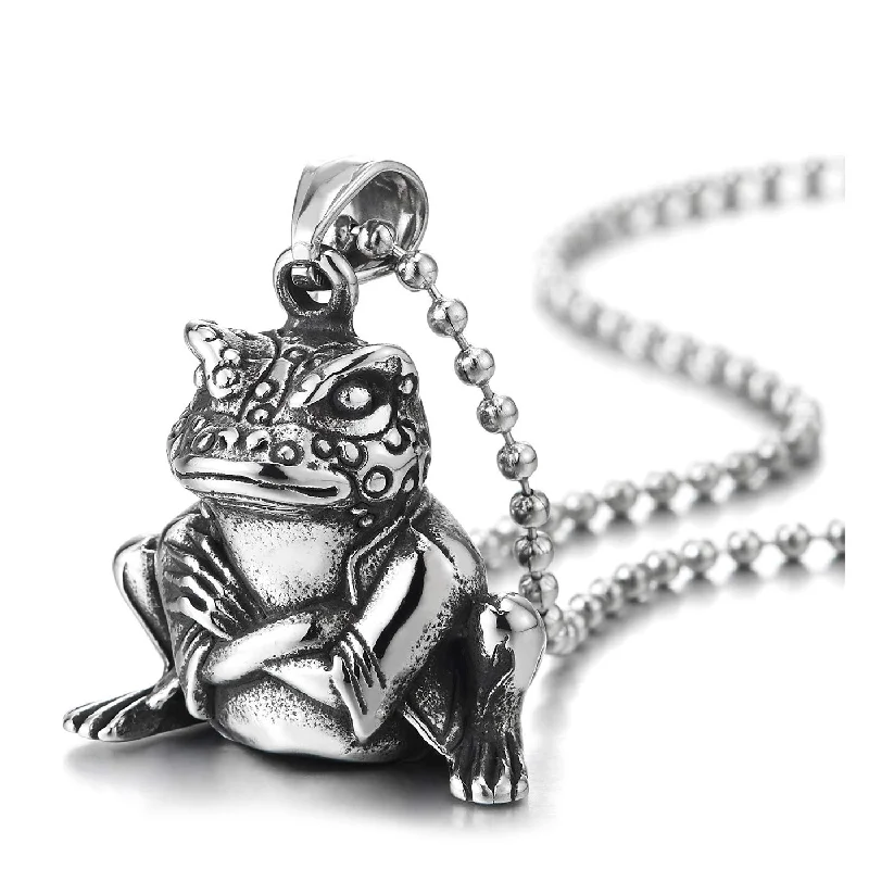 Men Womens Steel Vintage Arms-crossed Lucky Frog Pendant Necklace, 30 inches Ball Chain