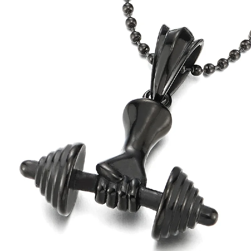 Mens Steel Hand Weight Lifting Barbell Dumbbell Pendant Necklace with 30 inches Ball Chain