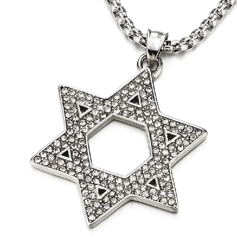 raw aventurine accent necklace-Mens Women Large Star-of-David Pendant Necklace with Cubic Zirconia, Stainless Steel