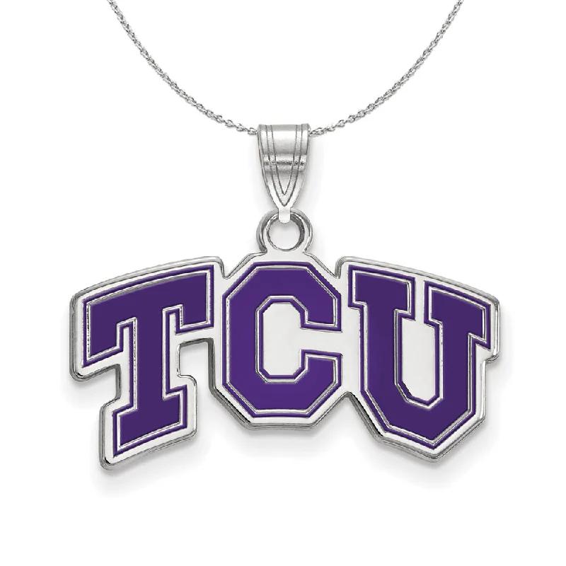 raw turquoise accent necklace-Sterling Silver Texas Christian U. Small 'TCU' Enamel Necklace