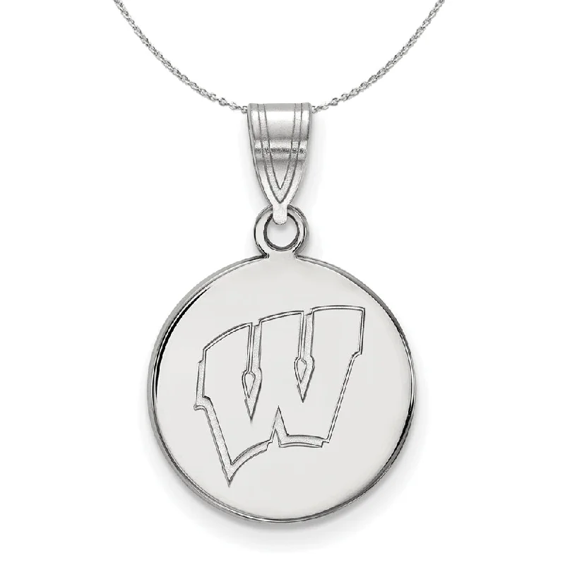 Sterling Silver U of Wisconsin Medium Initial W Disc Necklace