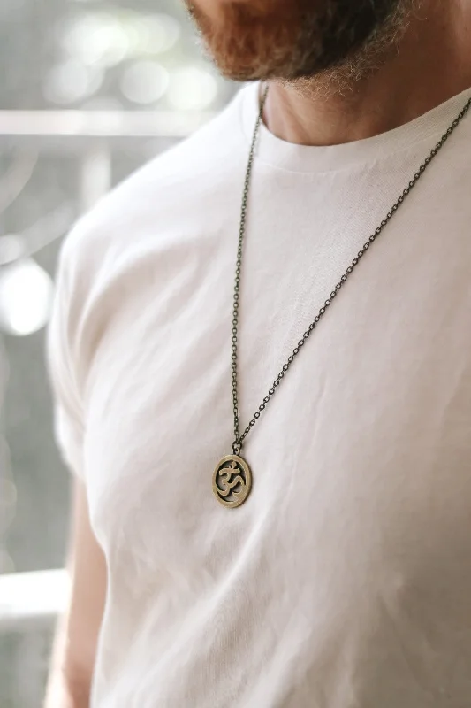 adjustable flare necklace-Om necklace for men, chain necklace with a bronze tone Ohm pendant, Yoga necklace, festival jewelry