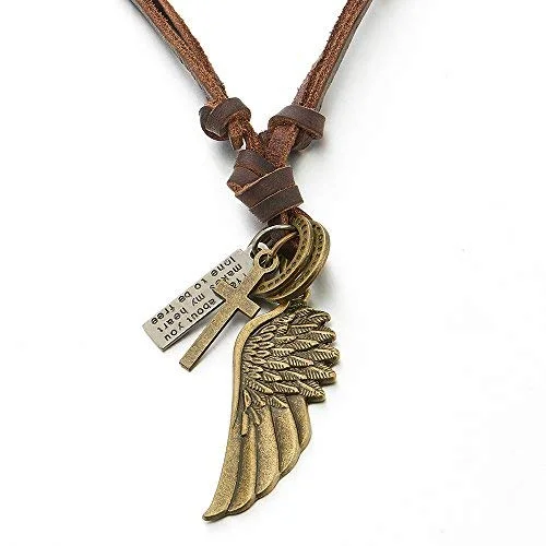 dazzling trillion-cut pendant necklace-Retro Style Angel Wing Pendant Unisex Necklace for Men for Women with Adjustable Leather Cord