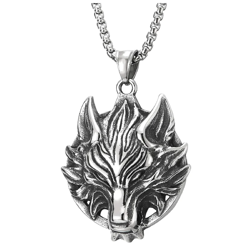 inscribed eternity chain necklace-Stainless Steel Mens Vintage Wolf Head Pendant Necklace, Punk Rock, 30 inches Steel Wheat Chain