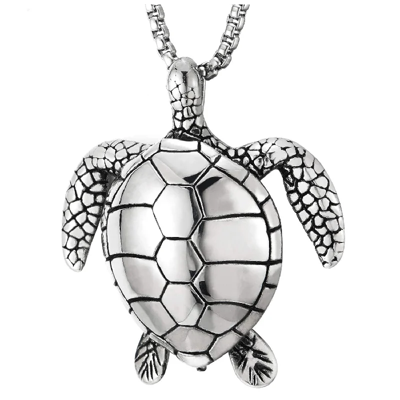 Stainless Steel Mens Womens Sea Turtle Tortoise Pendant Necklace, 30 inches Wheat Chain, Animal Love