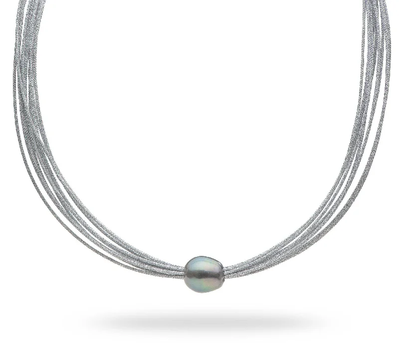 18" Tahitian Black Pearl Necklace in Stainless Steel - 12-14mm