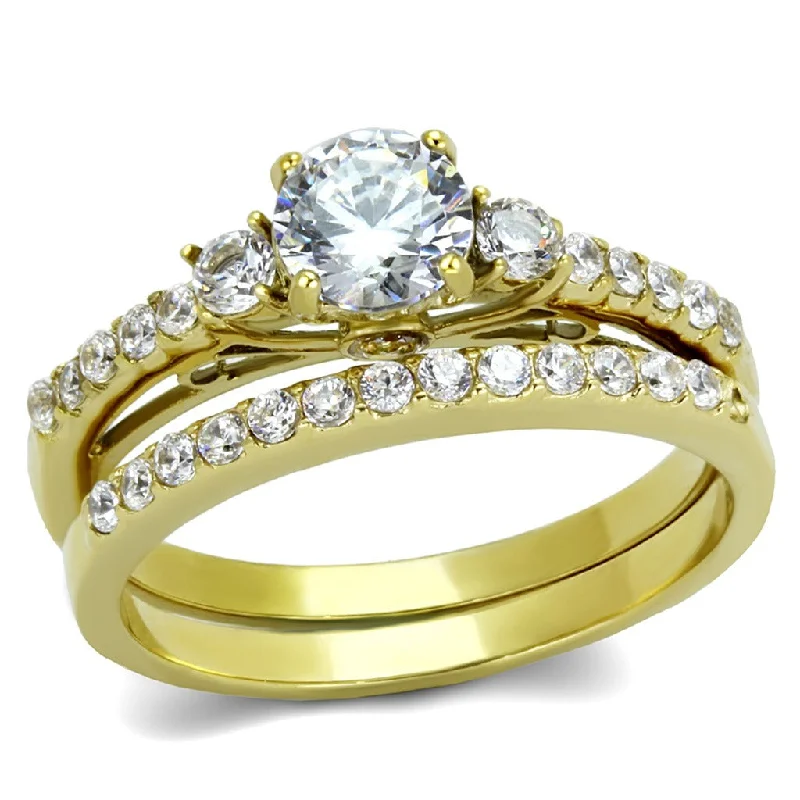 raw aventurine cluster ring-0.6 Carat Round Cut CZ Gold IP Stainless Steel Wedding Ring Set