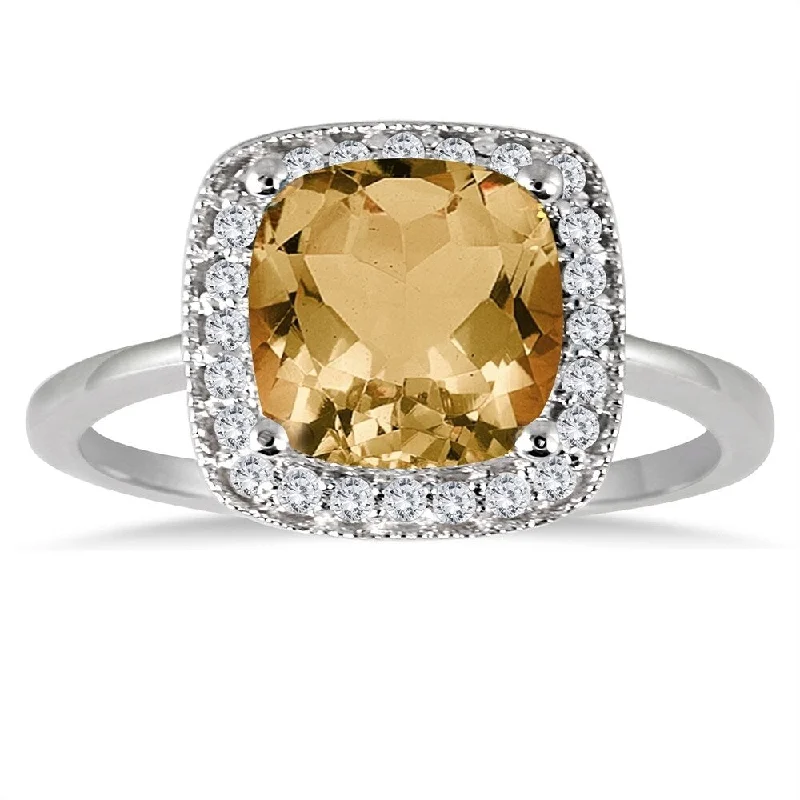 minimalist slope peak ring-1 1/4 Carat Cushion Cut Citrine and Diamond Ring in 14K White Gold