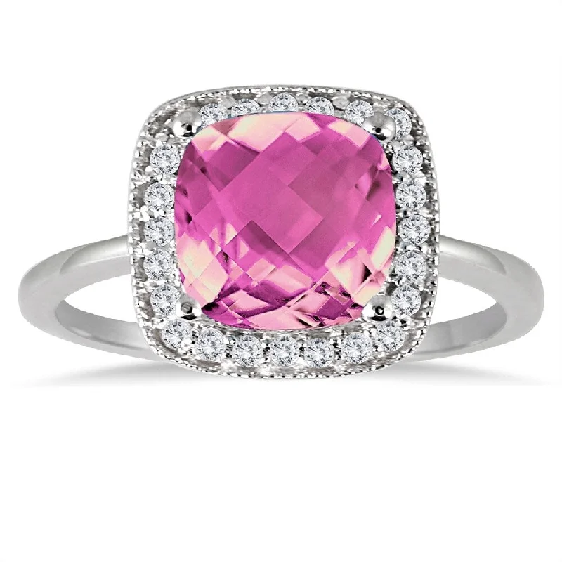 vintage-style emerald ring-1.65 Carat Cushion Cut Pink Topaz and Diamond Ring in 14K White Gold