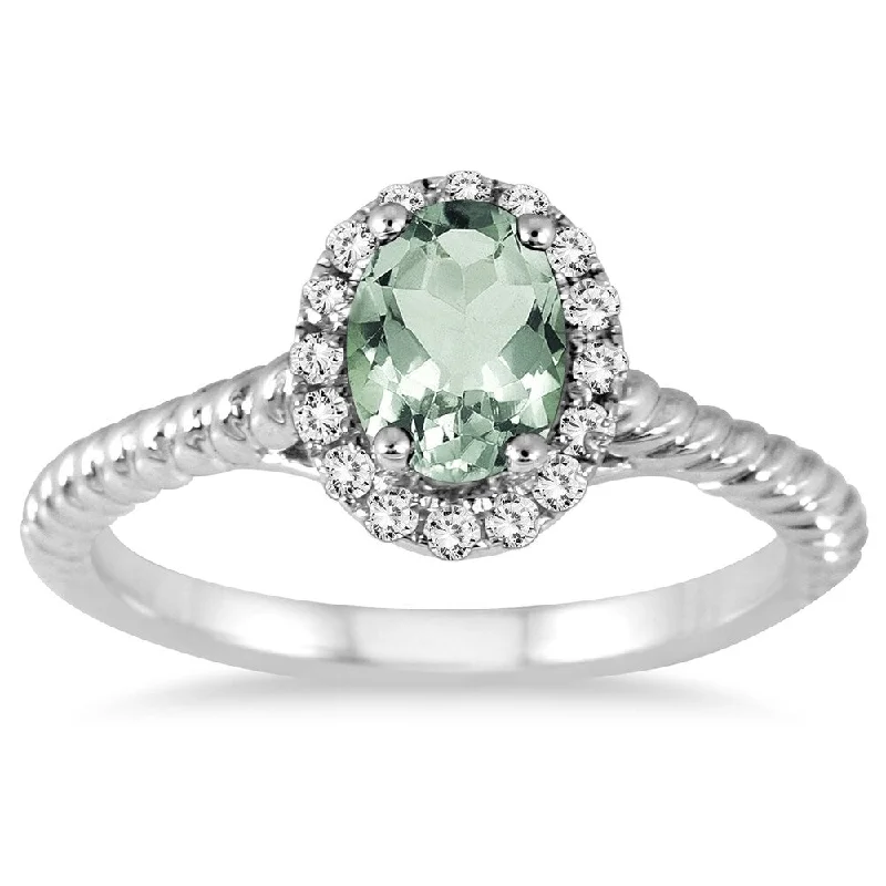 inscribed legacy ring-1 Carat Green Amethyst and Diamond Halo Rope Ring in 10K White Gold