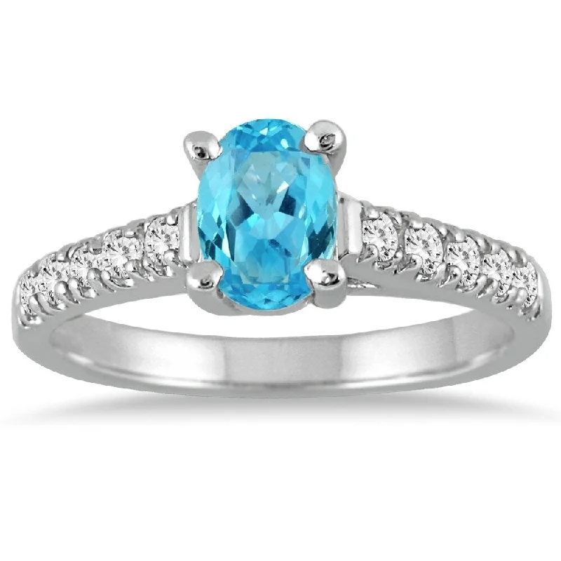 adjustable flare ring-1 Carat Oval Blue Topaz and Diamond Ring in 14K White Gold