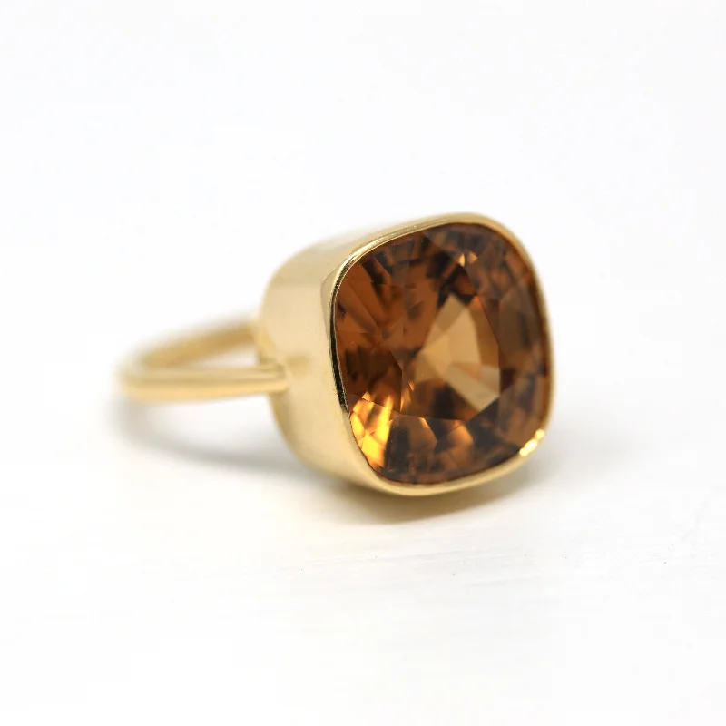 polished bronze band ring-10.07 ct Gold Zircon Ring - 18k Yellow Gold Bezel Set Orange Brown Gemstone - Modern Size 6 Cushion Statement Fine Cocktail Jewelry