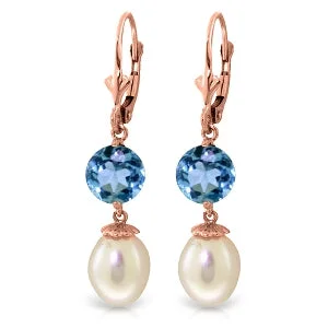 minimalist slope peak earrings-11.1 Carat 14K Solid Rose Gold Elegance Pearl Blue Topaz Earrings